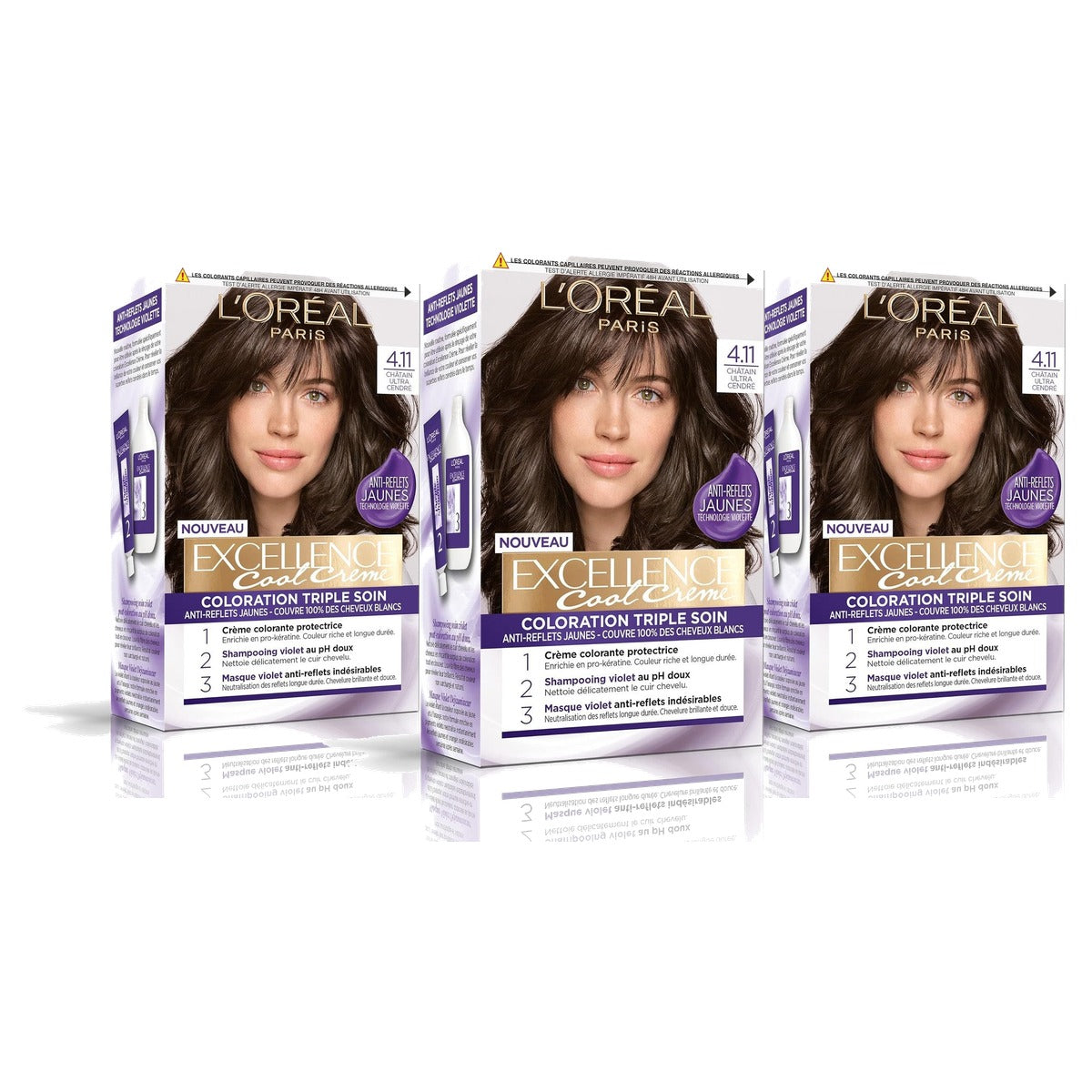 L'ORÉAL PARIS - Permanente haarkleur, drievoudige verzorging, niet-verblindend, geel, dekt 100% wit haar af – Excellence Cool Cream – Nuance: Ultra asbruin (4.11) - 3-pack