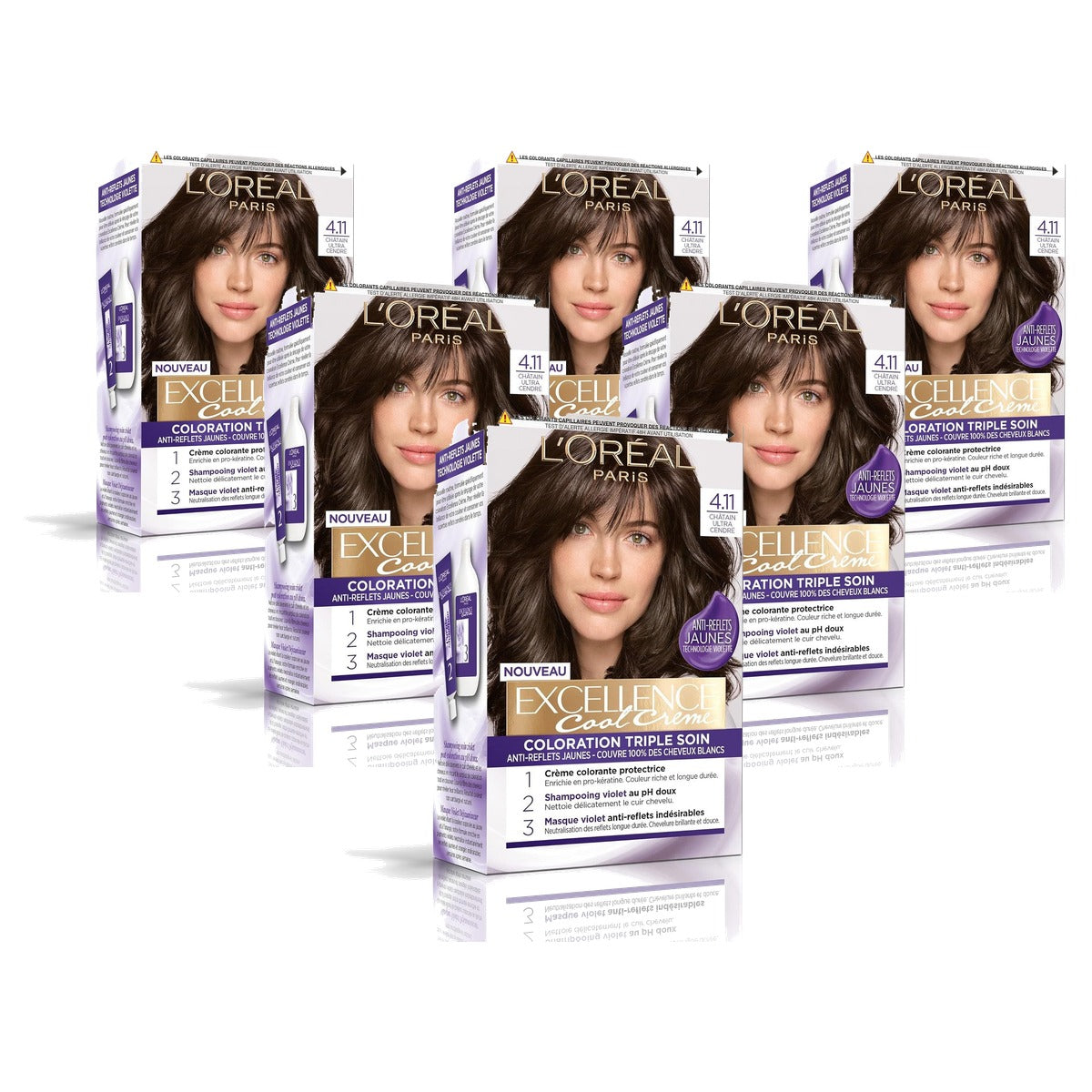 L'ORÉAL PARIS - Permanente haarkleur, drievoudige verzorging, niet-verblindend, geel, dekt 100% wit haar af – Excellence Cool Cream – Nuance: Ultra asbruin (4.11) - 6-pack