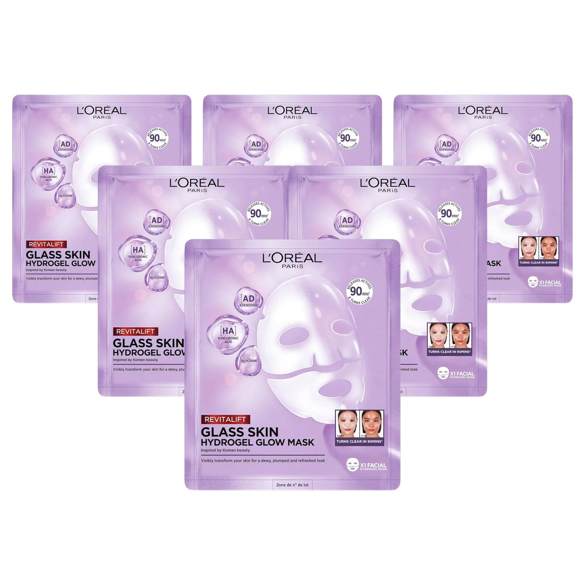 L'Oréal Paris Revitalift Filler Glass Skin Hydrogelmasker 6 x 25 g - Voordeelverpakking