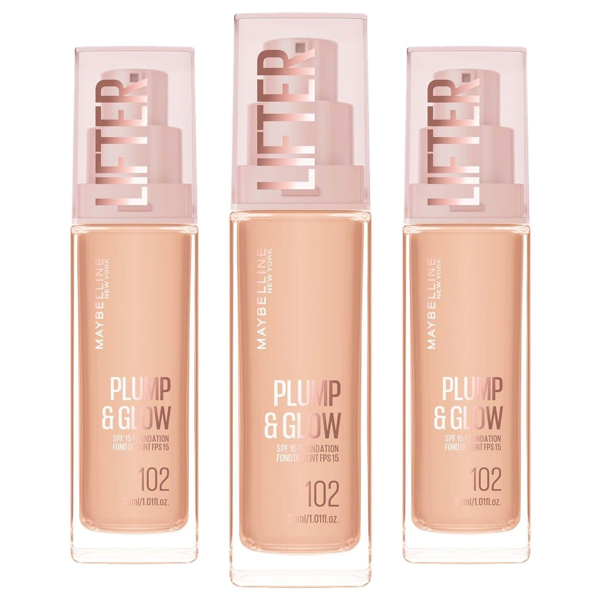 MAYBELLINE Lifter Plump & Glow Foundation 102 30 ml - 3 stuks