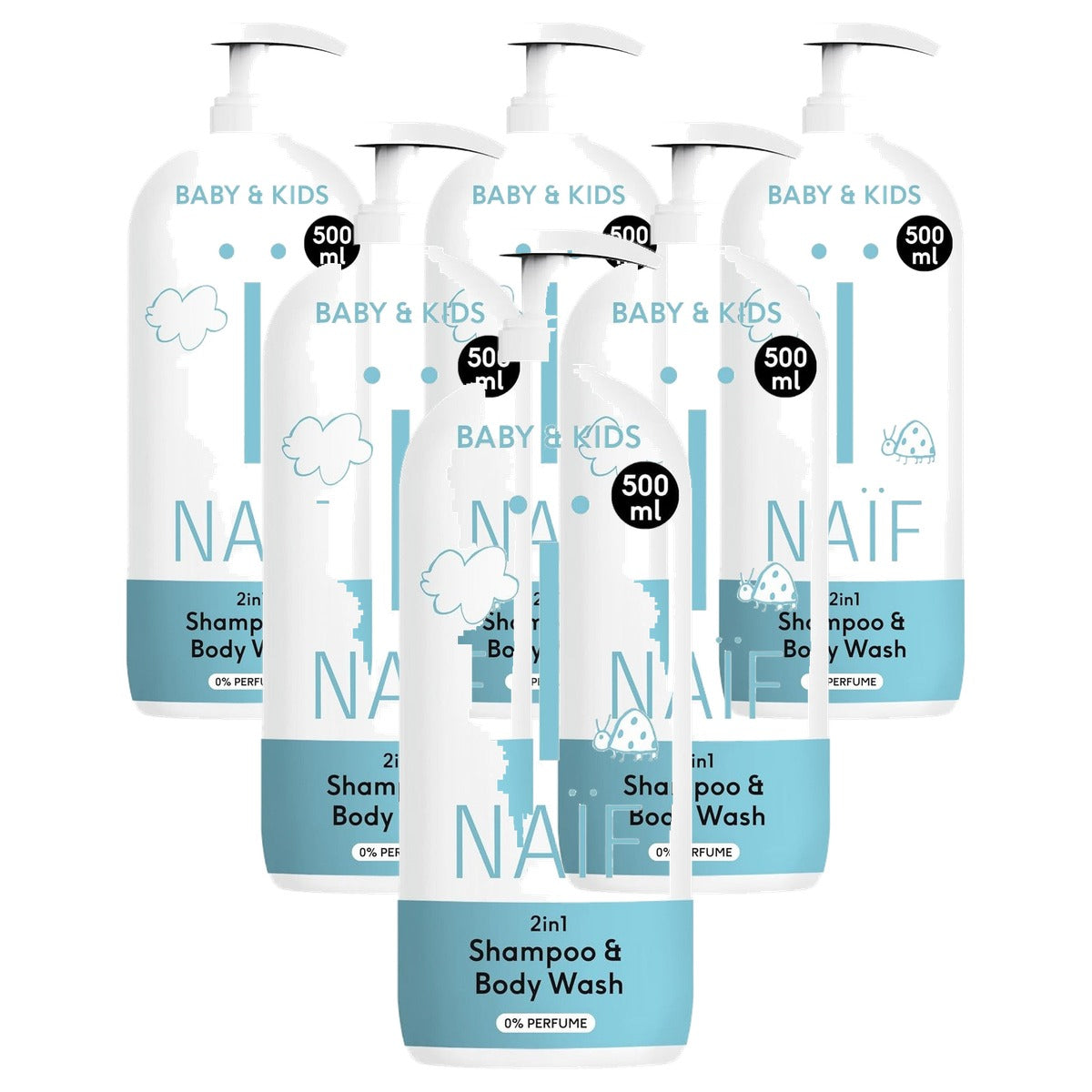Naïf 2-in-1 Shampoo & Douchegel 0% Parfum 6 x 500 ml - Voordeelverpakking