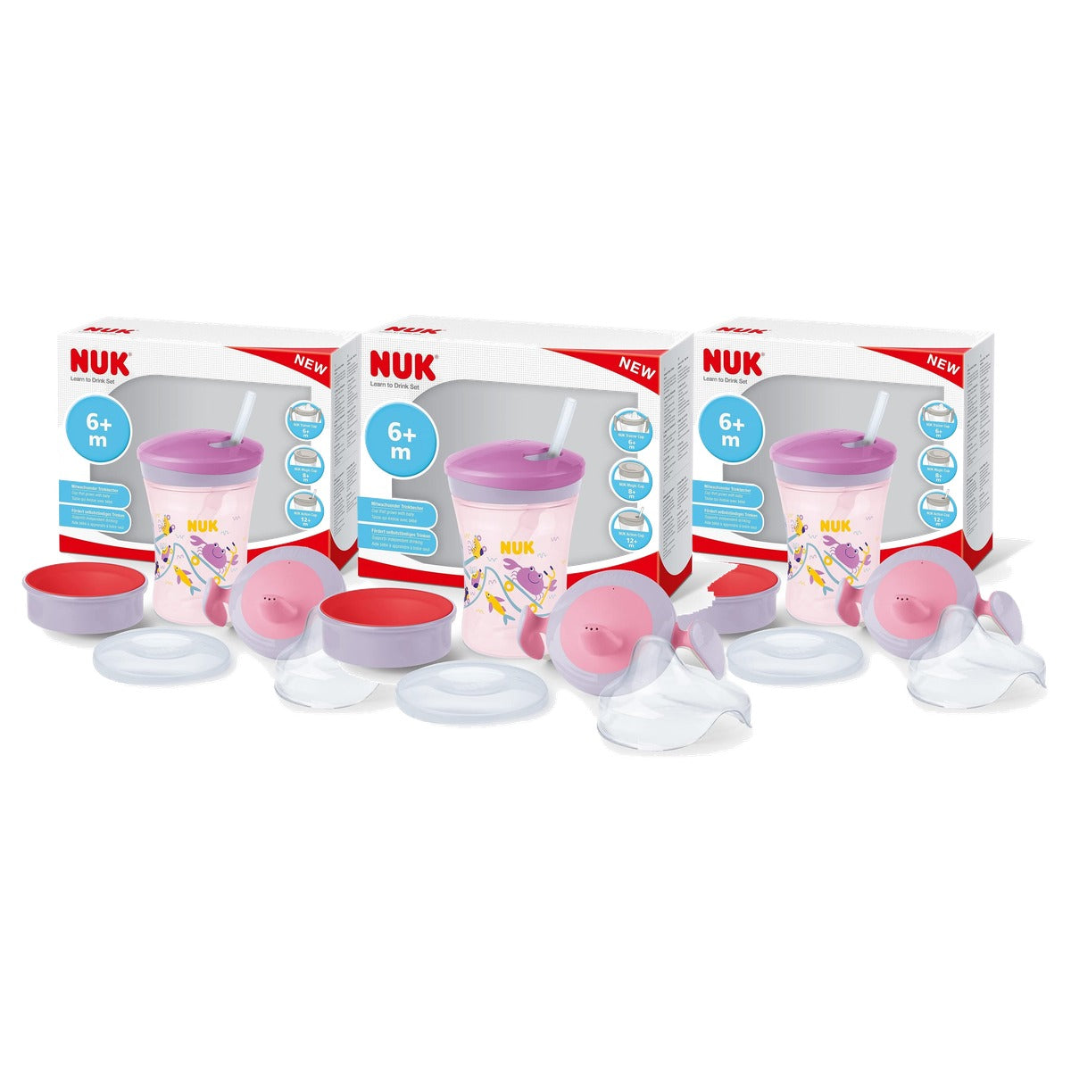 NUK 3-in-1 drinklernset paarse krab 3 x 230 ml - Voordeelverpakking