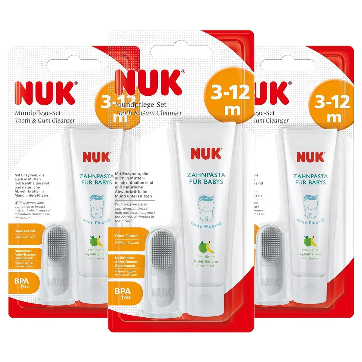 NUK Mondverzorgingsset baby-tandpasta en vingertandenborstel 3 x 1 stuk - Voordeelverpakking