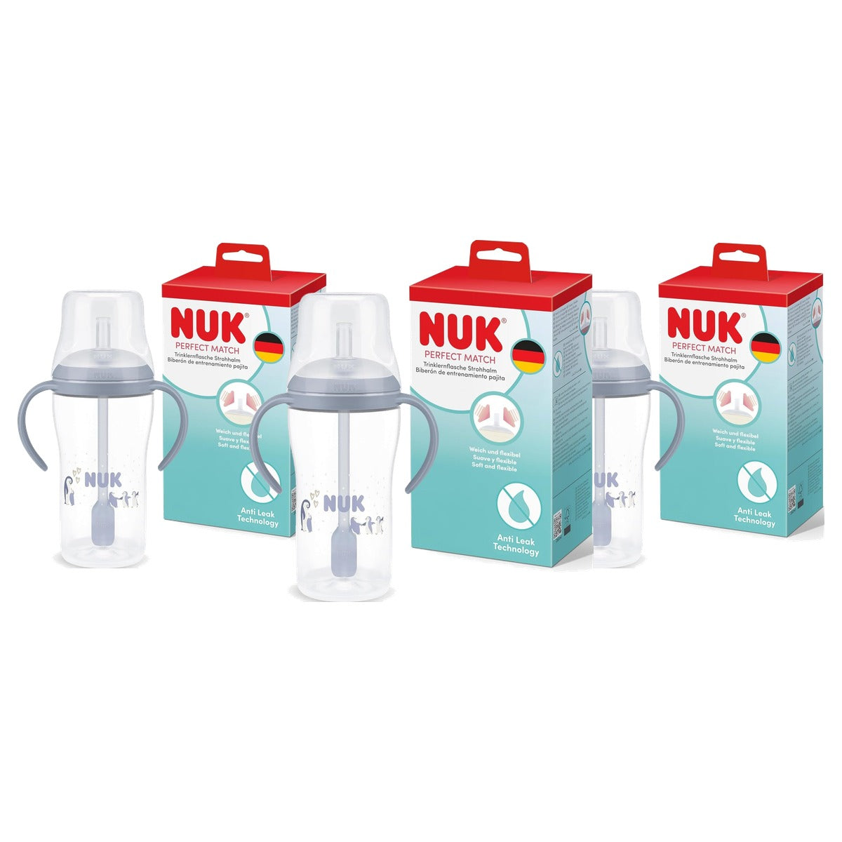 NUK Perfect Match Drinkfles met rietje blauw 3 x 260 ml - Voordeelverpakking