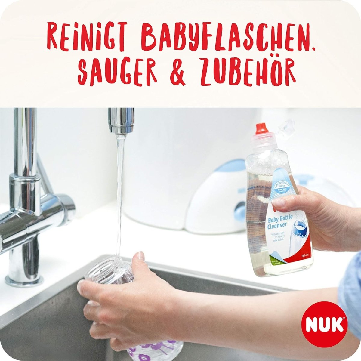 NUK Spülreiniger & Flaschenbürste für Babyflaschen | 2 x Spülreiniger 1 x Bürste für Flasche | 500 ml | Ideal für die Reinigung von Babyflaschen, Saugern & mehr | Parfümfrei | pH - neutral door Huishoudvoordeel nu bij Huishoudvoordeel