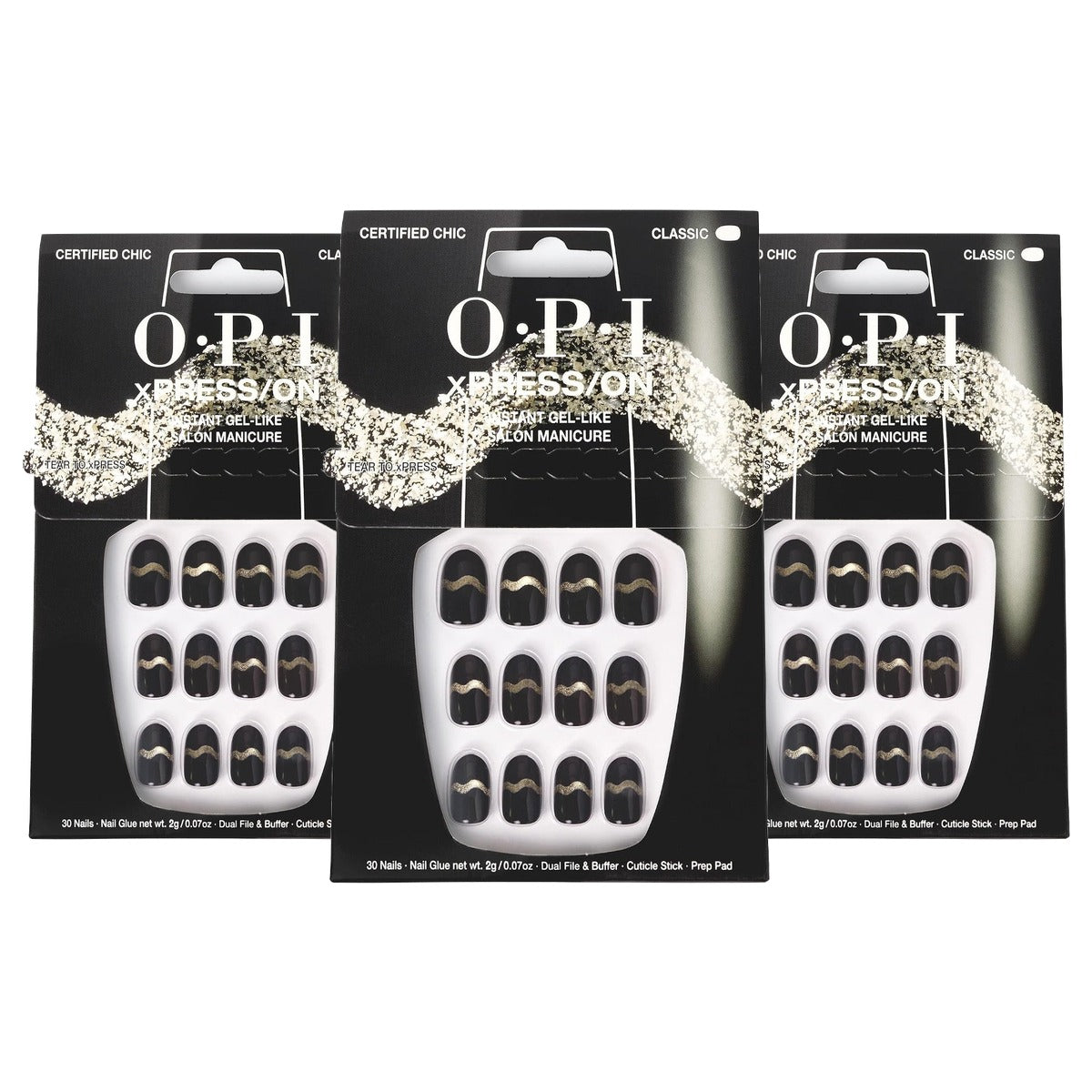 OPI xPRESS/ON Certified Chic Kunstnagels Zwart/Goud 30 Stuks - 3-pack