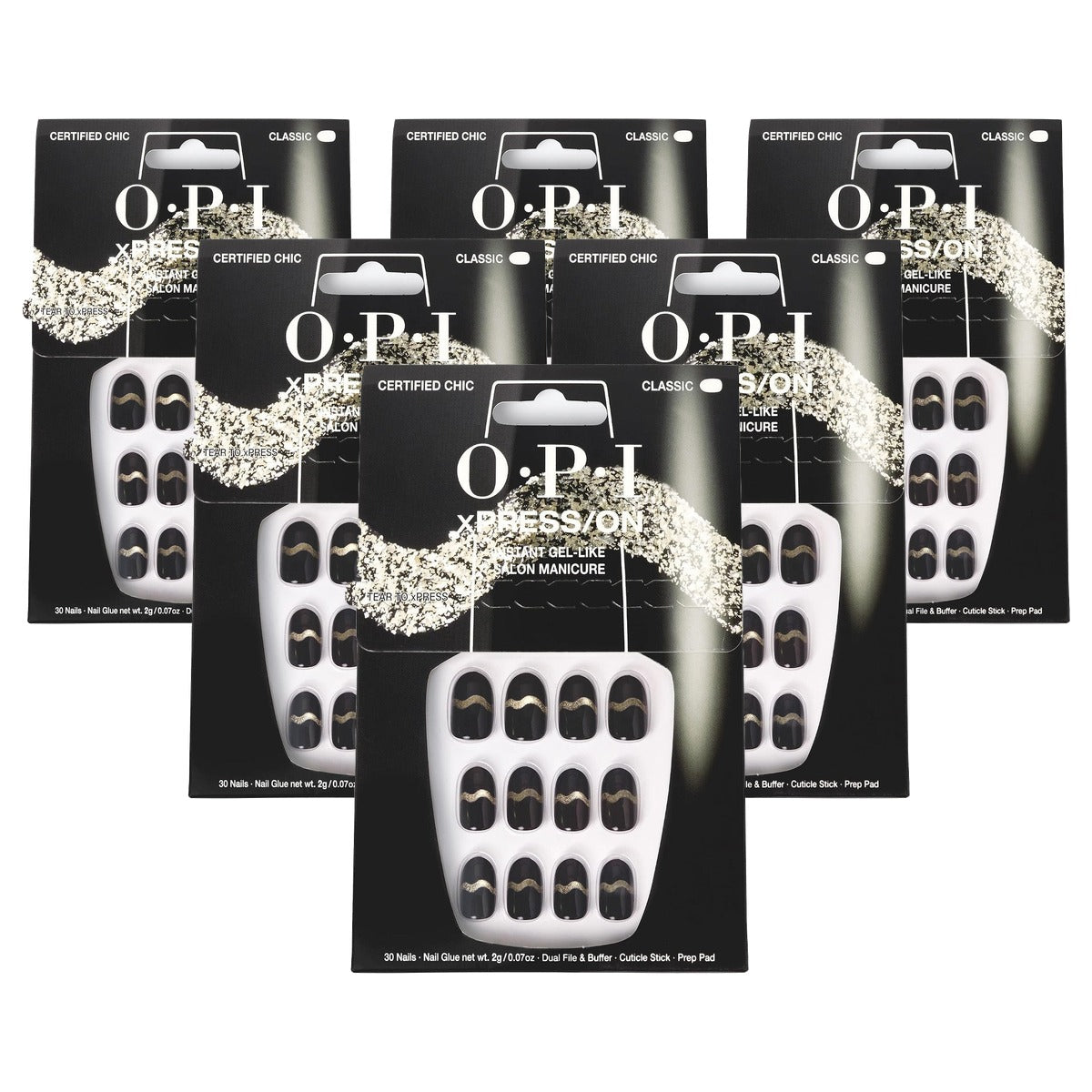 OPI xPRESS/ON Certified Chic Kunstnagels Zwart/Goud 30 Stuks - 6-pack
