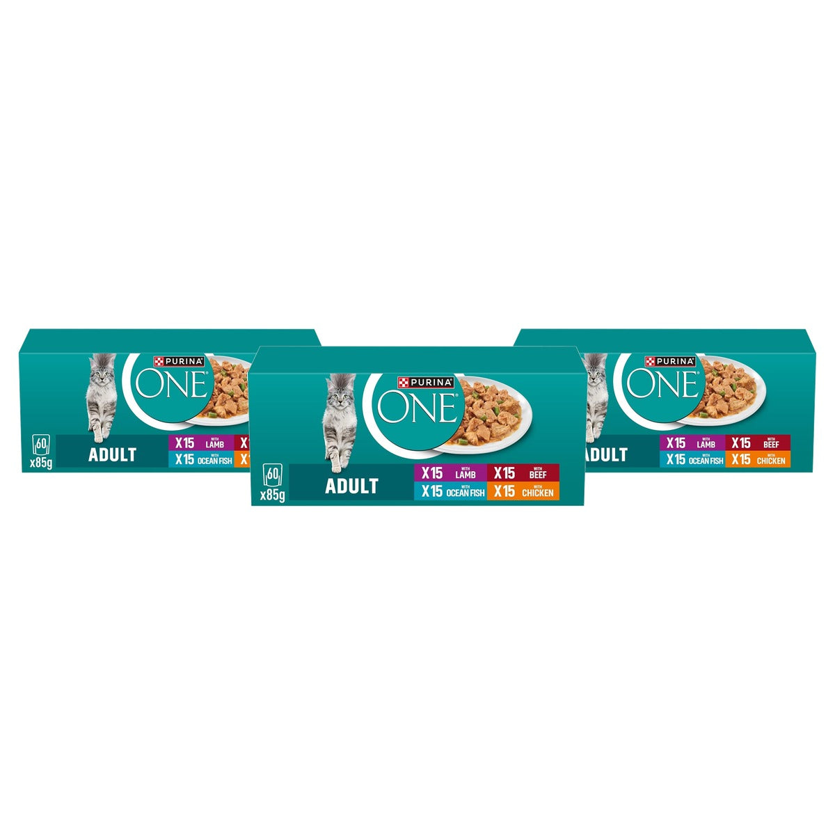 Purina One Adult natvoer kattenvoer kip, rund, lam & hoogzeevis 60 x 85 g - 3-pack