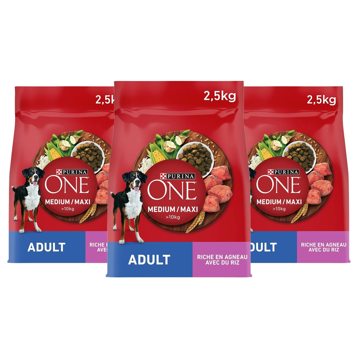 PURINA ONE Medium/Maxi Adult hondenvoer rundvlees 2,5 kg - 3-pack