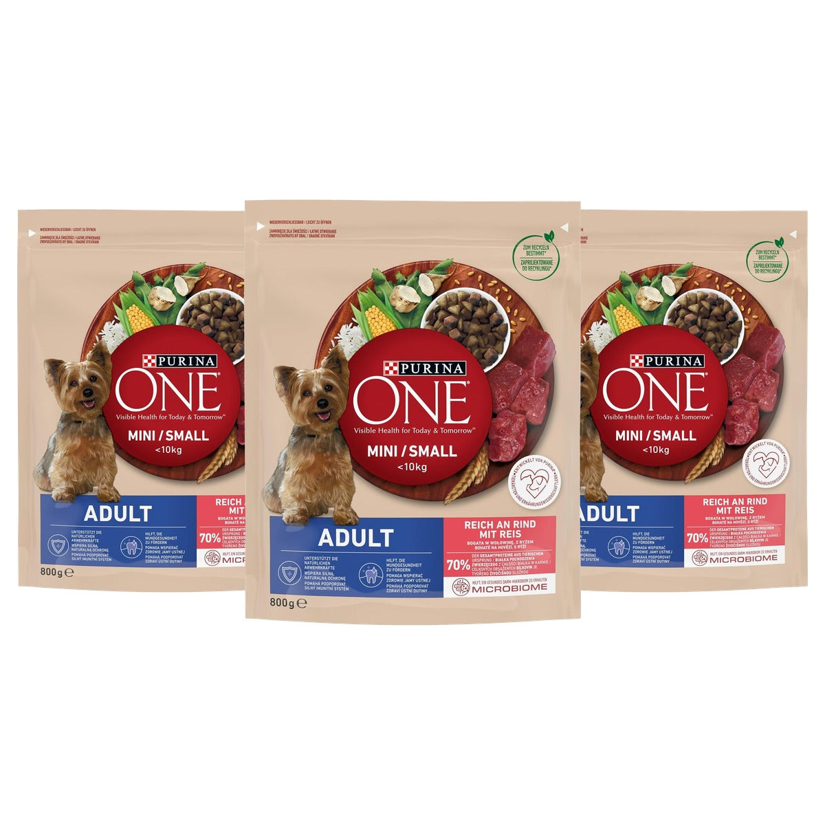 Purina One Mini/Small Adult droogvoer hond rundvlees 8 x 800 g - 3-pack