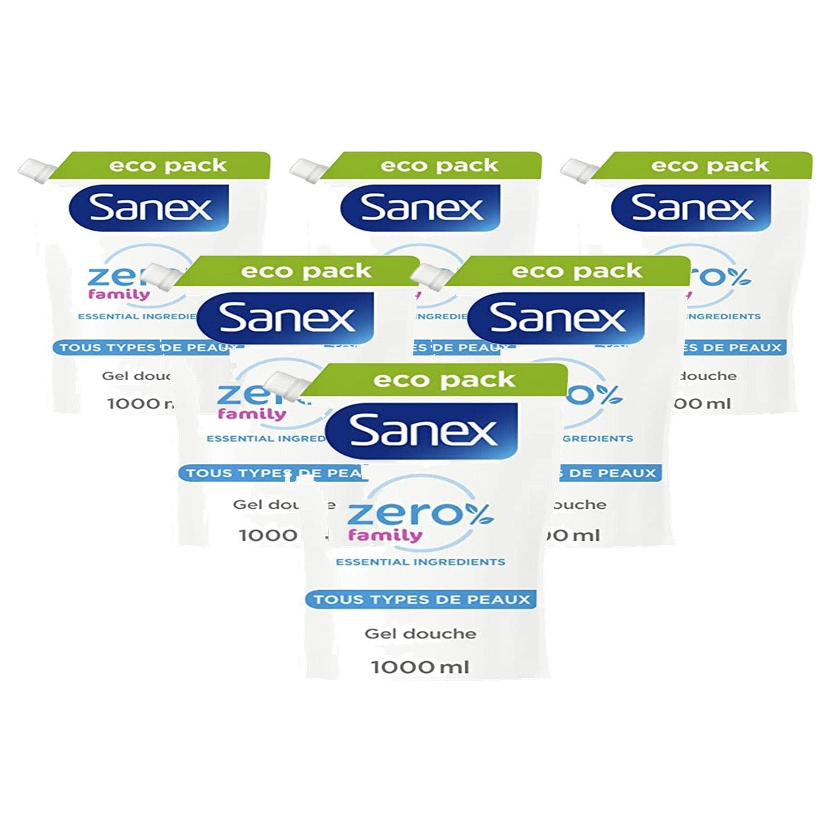 Sanex Zero 0% Essential Family douchegel navulverpakking 6 x 1 l - Voordeelverpakking