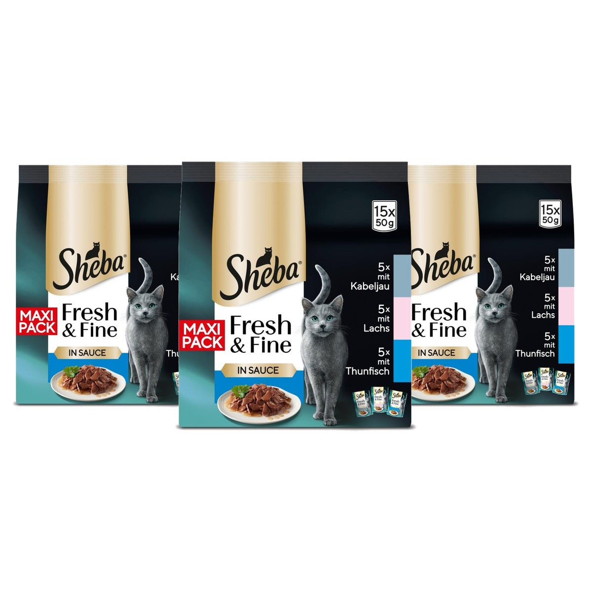 Sheba Fresh & Fine natvoer kattenvoer kabeljauw, zalm en tonijn 5 x 15 x 50 g - 3-pack