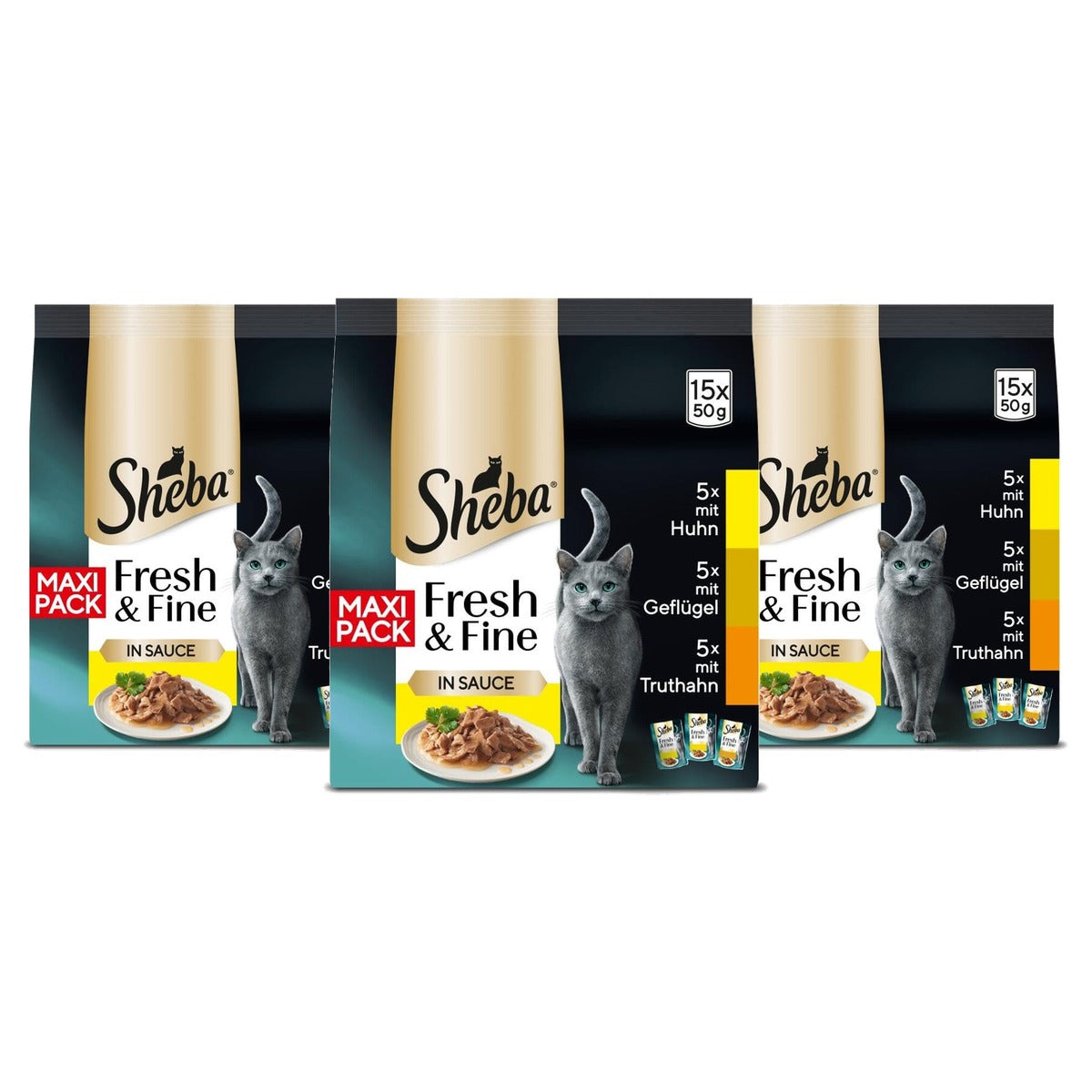 Sheba Fresh & Fine natvoer kattenvoer kip, gevogelte en kalkoen 5 x 15 x 50 g - 3-pack