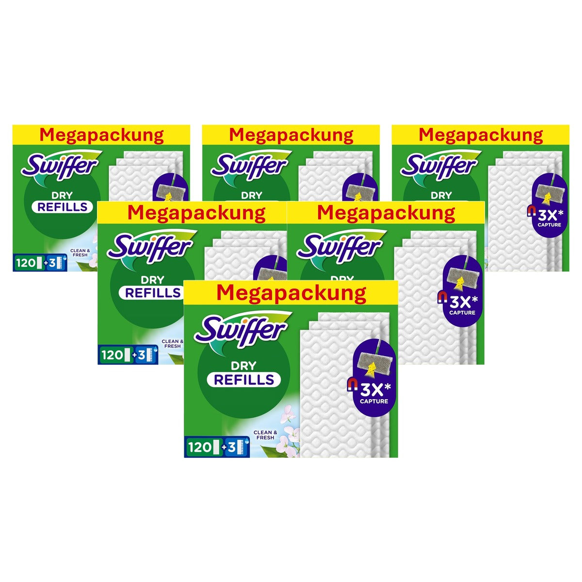 Swiffer Vloerwisser navulling Dry, 120 doekjes en 3 x natte navullingen - 6-pack