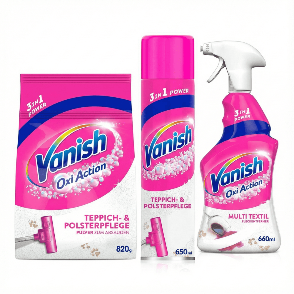 Vanish Oxi Action Reinigingsset voor Tapijt, Meubels & Textiel – Spray, Tapijtreiniger Schuim & Vlekverwijderaar Poeder door Vanish nu bij Huishoudvoordeel
