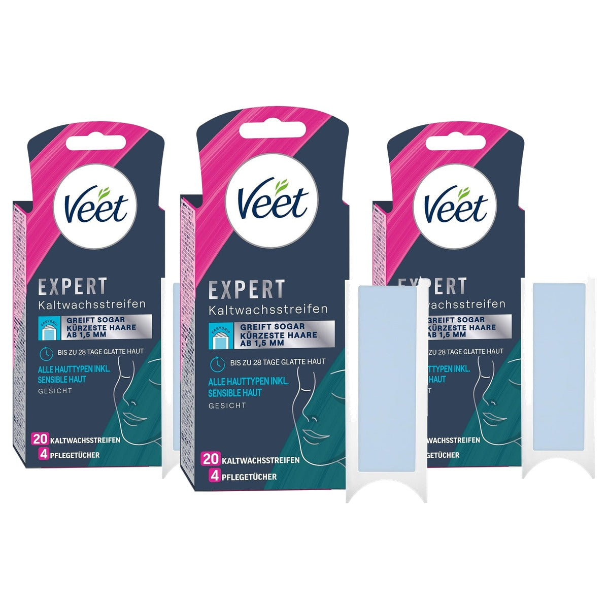 Veet Expert koudwasstrips gezicht gevoelige huid, 20 strips - 3-pack