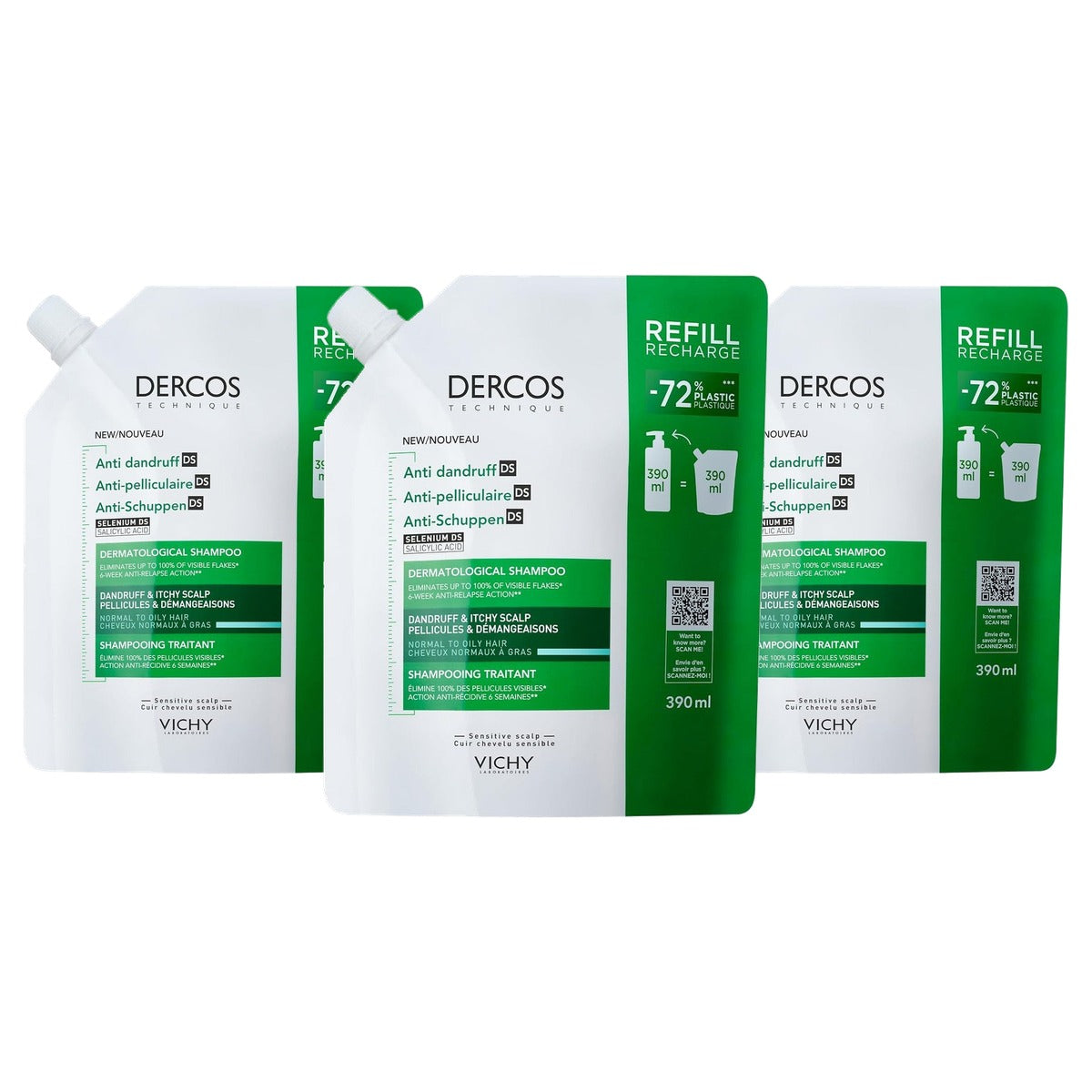 Vichy Dercos Anti-Roos Shampoo voor Vette Hoofdhuid, Navulverpakking, 390 ml - 3-pack