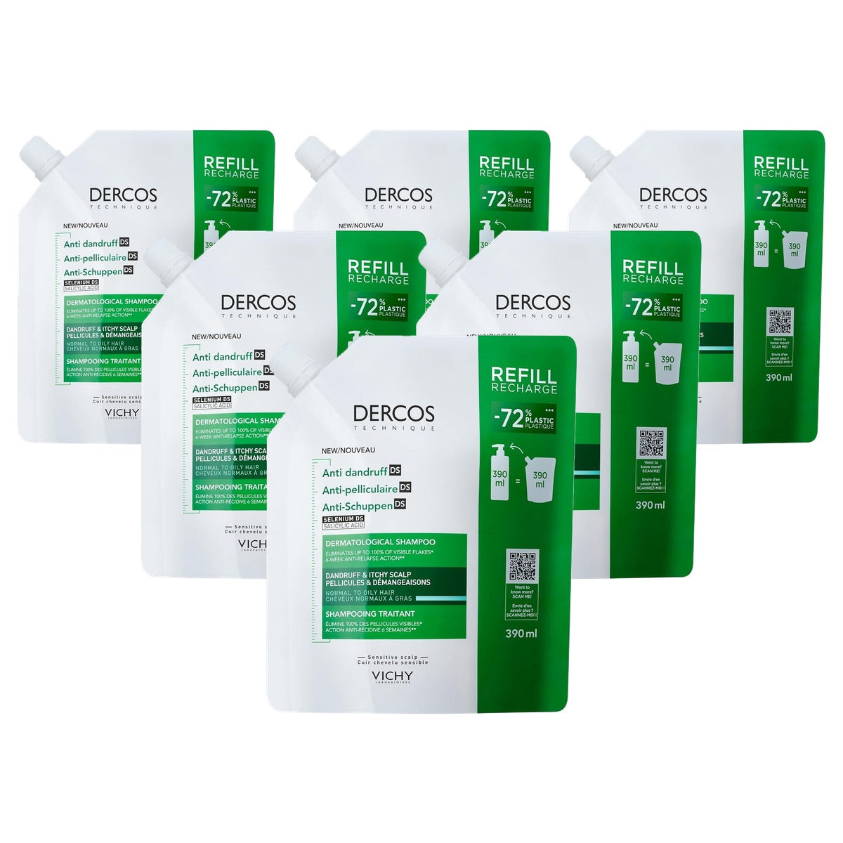 Vichy Dercos Anti-Roos Shampoo voor Vette Hoofdhuid, Navulverpakking, 390 ml - 6-pack