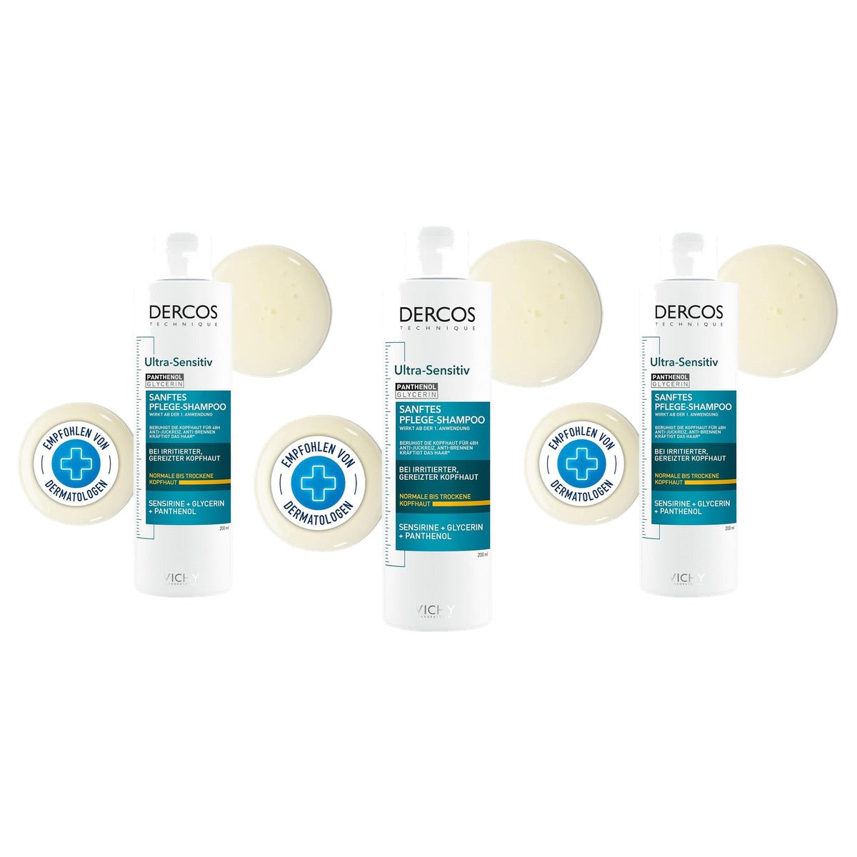 Vichy Dercos Ultragevoelige Shampoo voor Droge Hoofdhuid, 200 ml - 3-pack