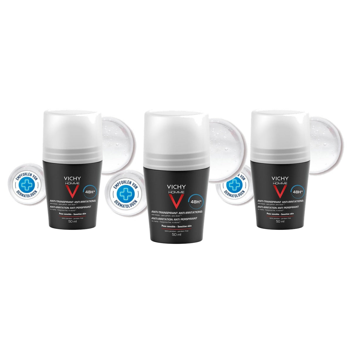 Vichy Homme Anti-transpirant 48H Roll-On voor de Gevoelige Huid, 50 ml - 3-pack