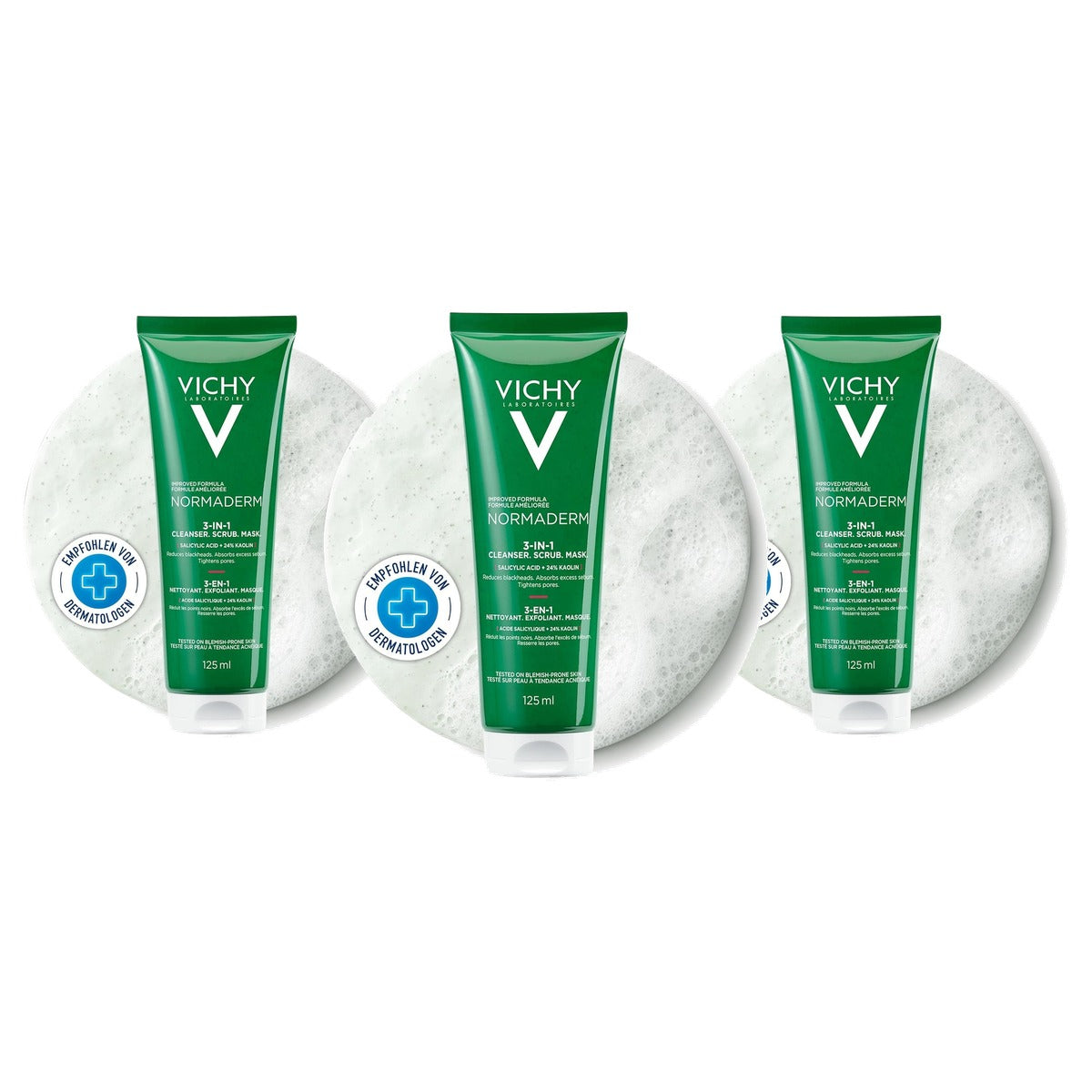 Vichy Normaderm 3-in-1 Poriënreiniger voor Vettige en Gevoelige Huid 125 ml - 3-pack