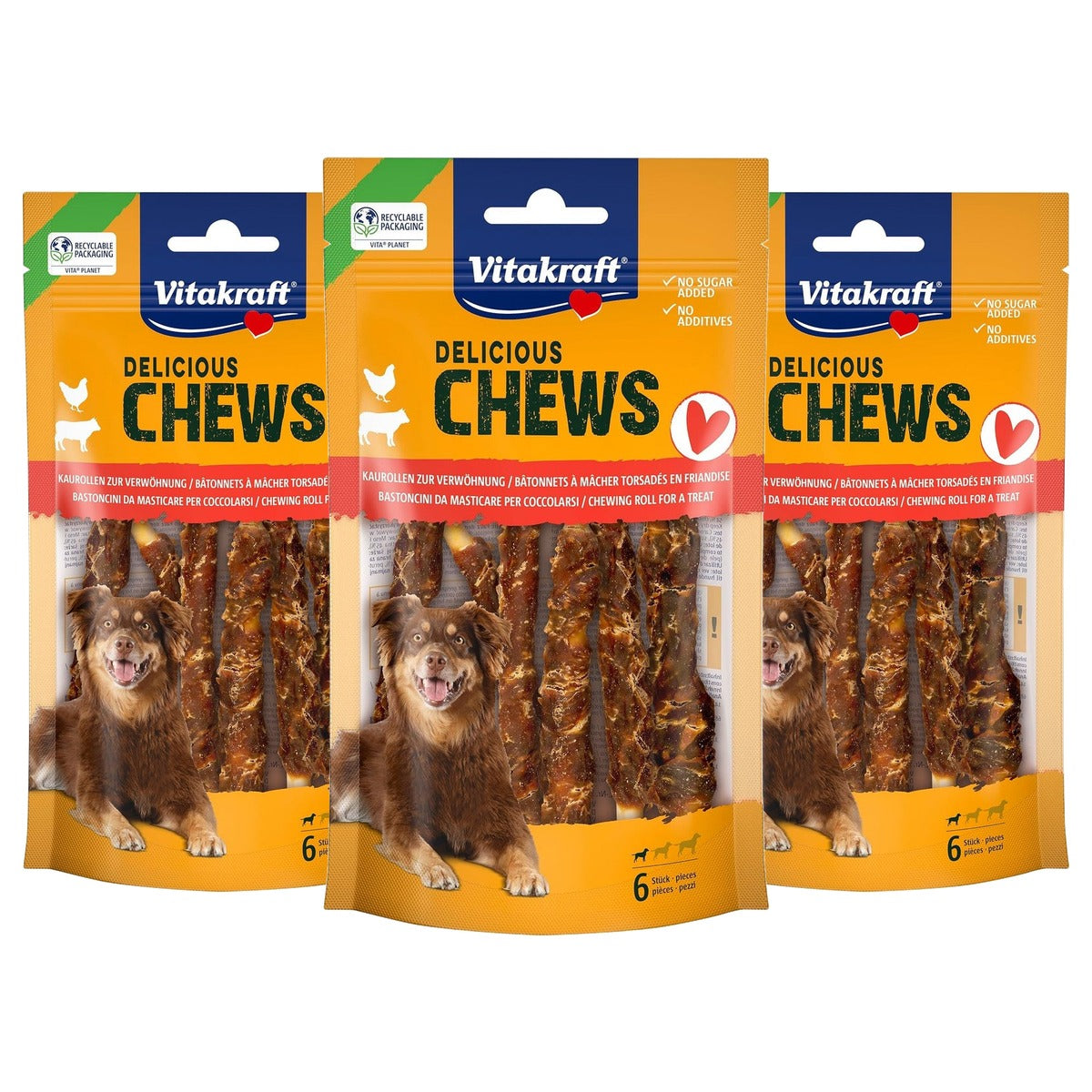 Vitakraft Chews hondensnack kauwrol kip 1 x 6 stuks - 3-pack