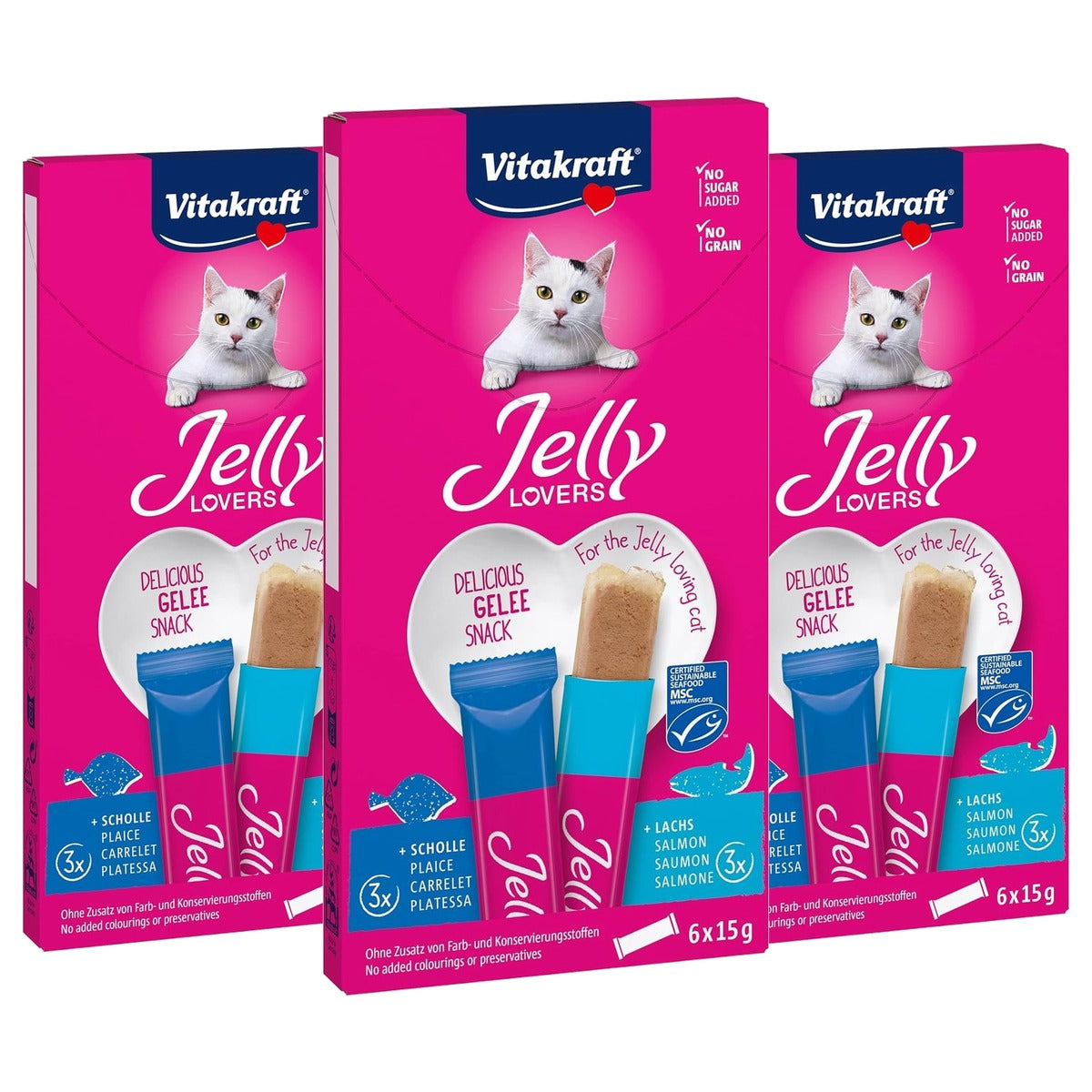 Vitakraft Jelly Lovers kattensnack zalm & schol 6 x 15 g - 3-pack