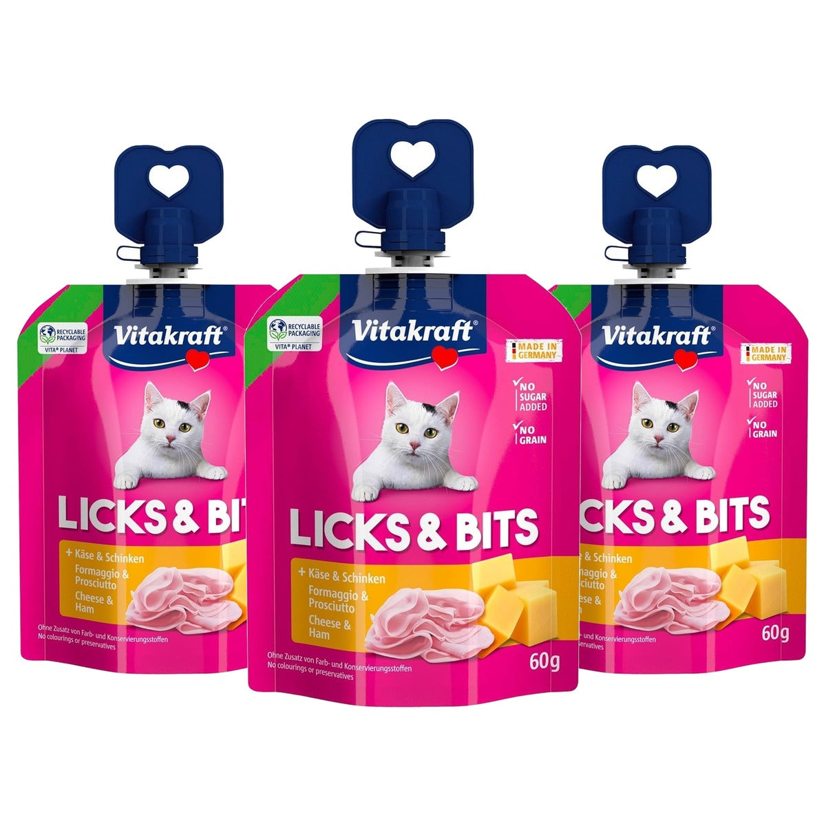 Vitakraft Licks & Bits Kattensnack Kaas en Ham 60 g - 3-pack
