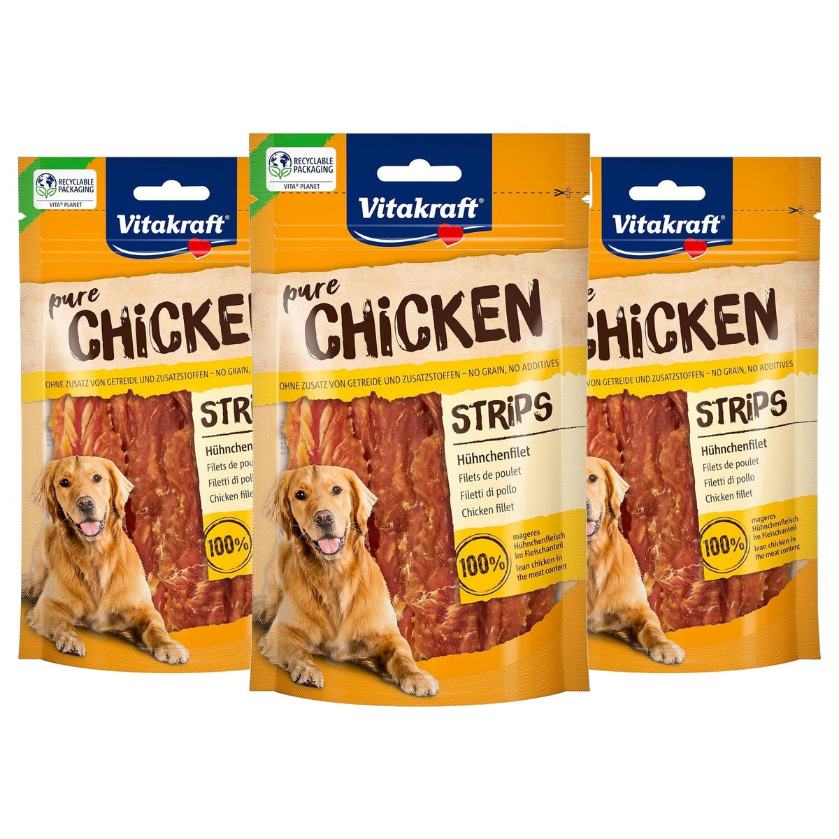Vitakraft Pure Chicken Strips Hondenlekkernijen van Kippenfilet (1 x 80 g) - 3-pack