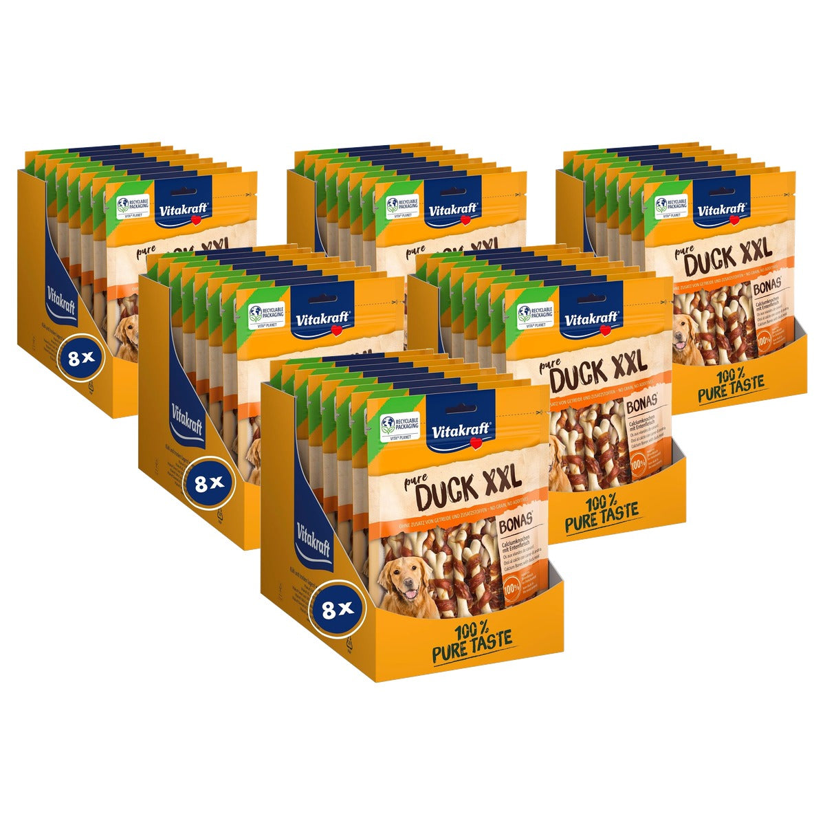 Vitakraft Pure Duck XXL Bonas, hondenlekkernijen, calciumbotten met eendenvlees, hondentraining, zonder toevoeging van suiker (8 x 200 g) - 6-pack