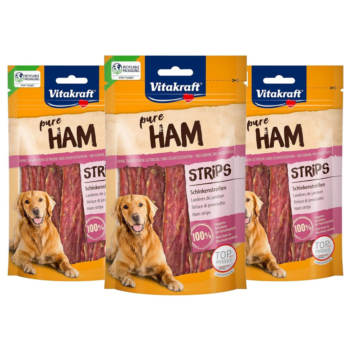 Vitakraft Pure Ham Strips hondensnack ham 1 x 80 g - 3-pack