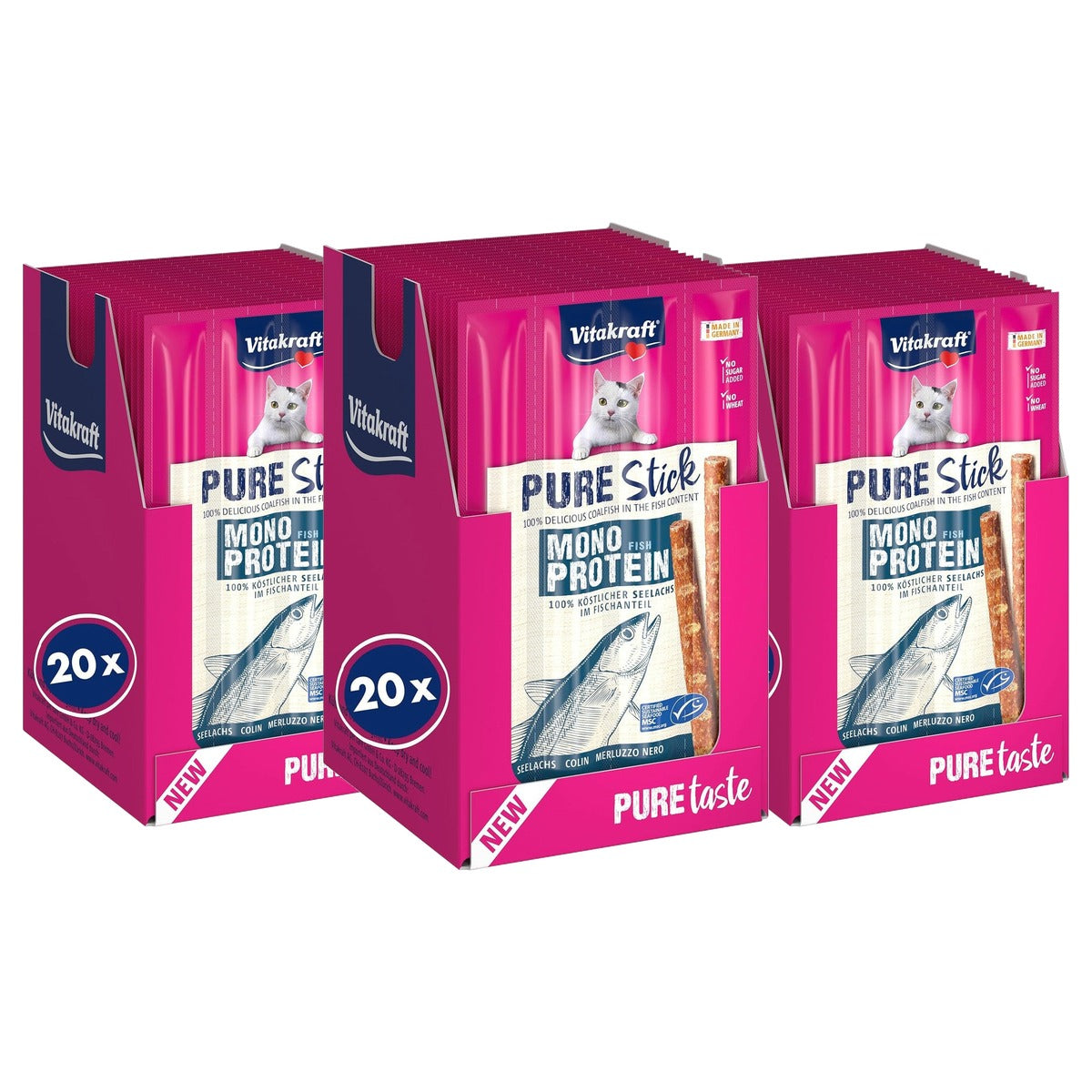 Vitakraft Pure Stick kattensnack koolvis 20 x 20 g - 3-pack