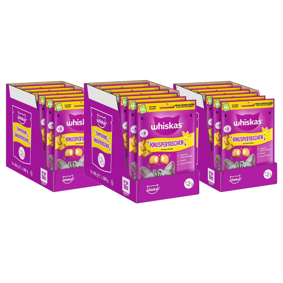 Whiskas Knusperbags kattensnack kip en kaas 6 x 60 g - 3-pack