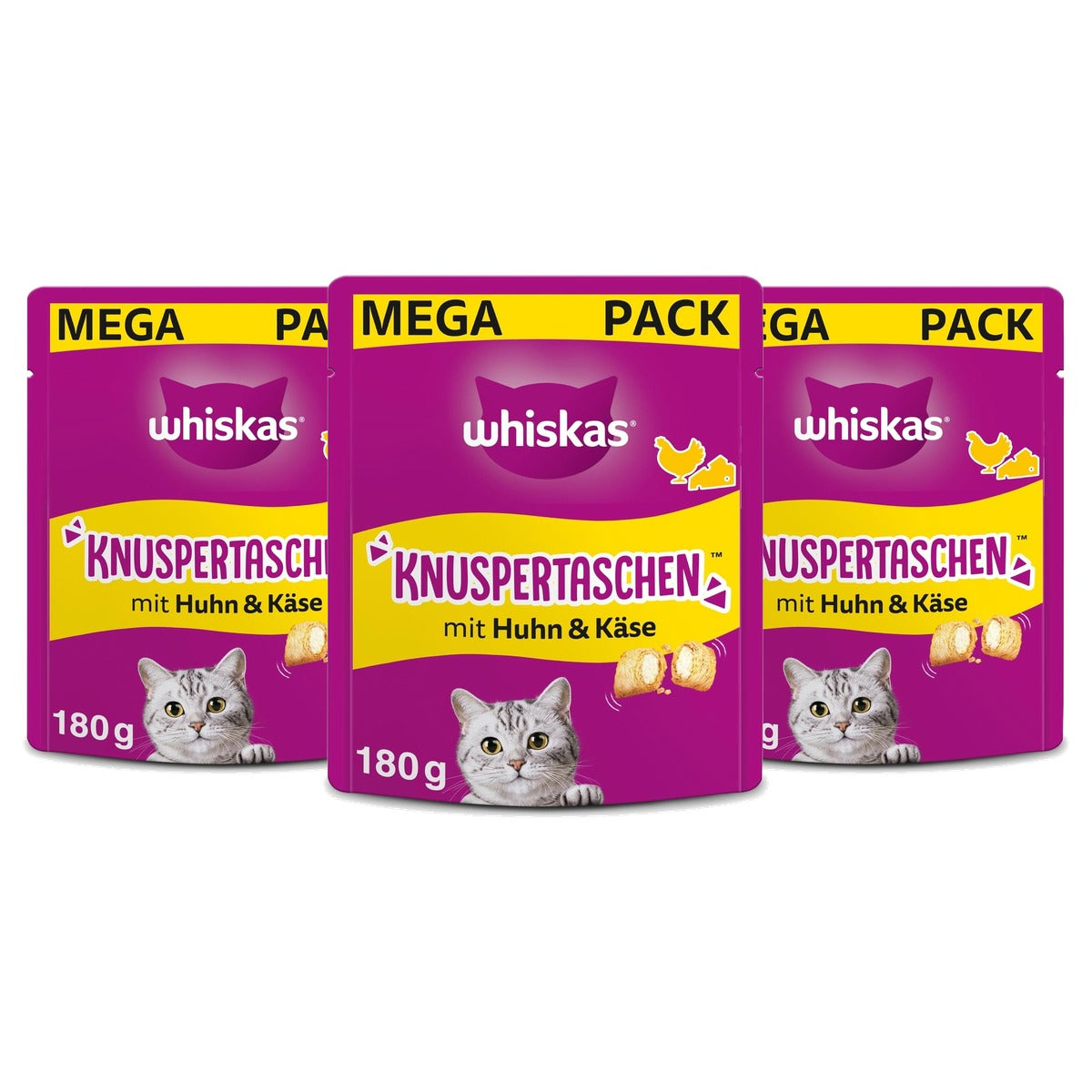 Whiskas Knusperbags kattensnack kip en kaas 4 x 180 g - 3-pack