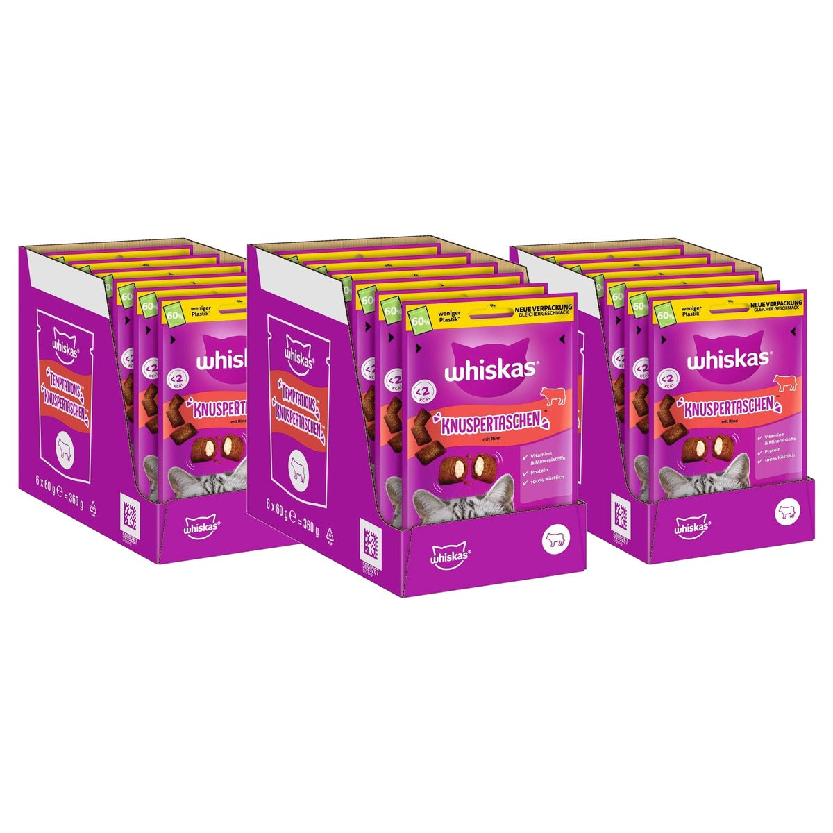 Whiskas Knusperbags kattensnack rundvlees 6 x 60 g - 3-pack
